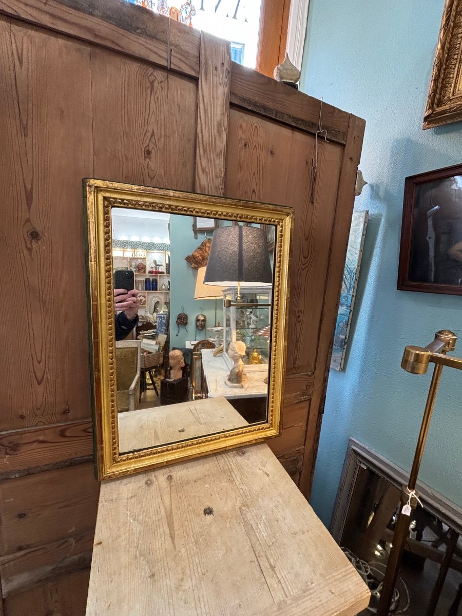 Antique Rectangular Mirror In Gilded Wood With A Green Patina, Circa 1900, Louis XVI Parquet Back.-photo-2