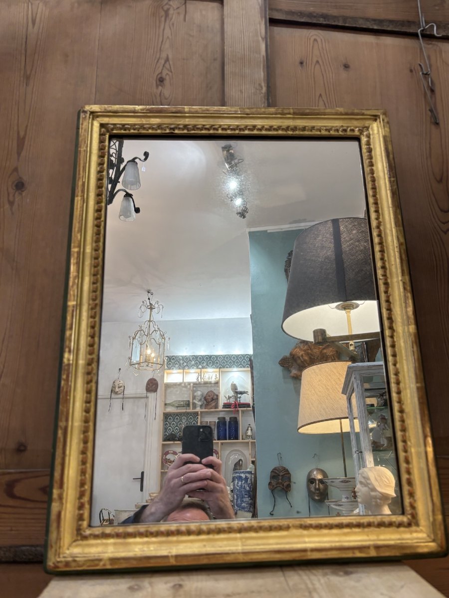 Antique Rectangular Mirror In Gilded Wood With A Green Patina, Circa 1900, Louis XVI Parquet Back.-photo-3