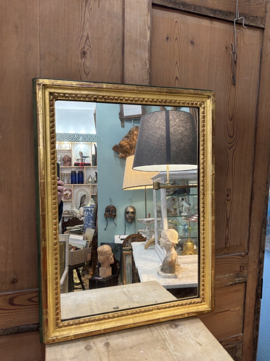 Antique Rectangular Mirror In Gilded Wood With A Green Patina, Circa 1900, Louis XVI Parquet Back.