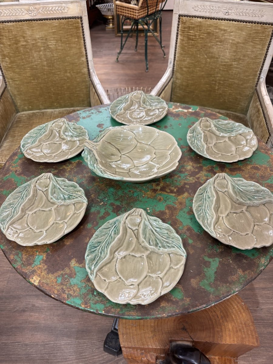 Ancien service artichauts en barbotine par Vallauris vers 1950 assiette et plat 