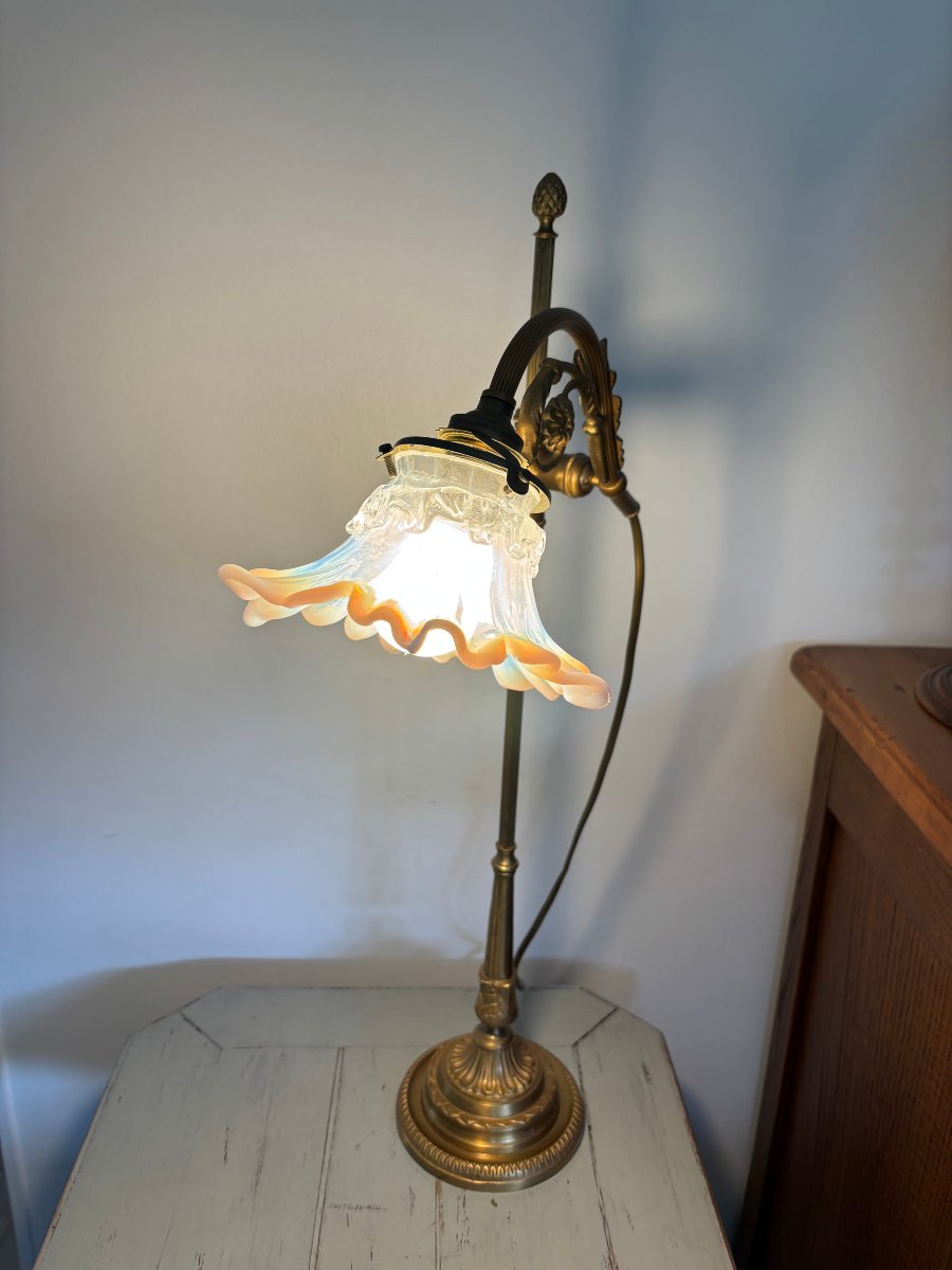 Ancienne lampe de bureau vers 1900 art nouveau bronze  avec sa tulipe-photo-2