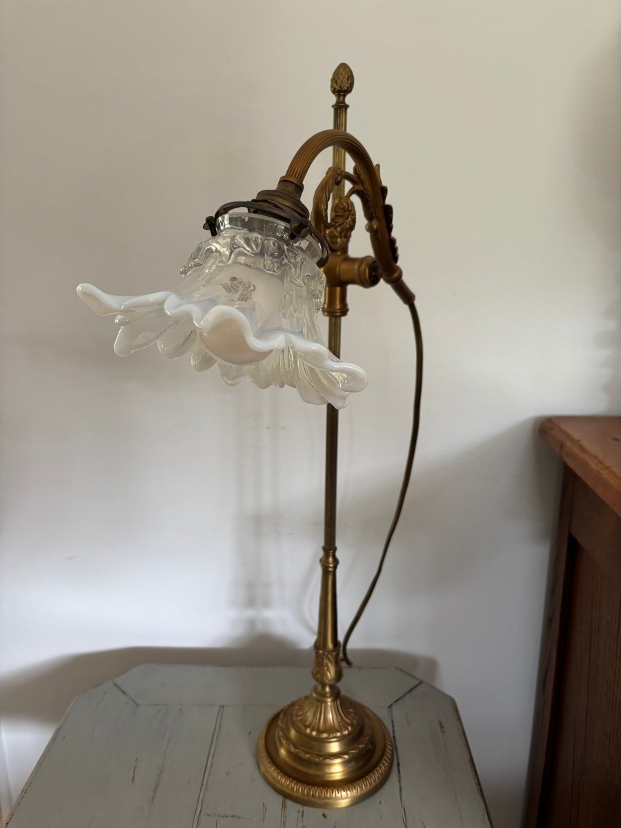 Ancienne lampe de bureau vers 1900 art nouveau bronze  avec sa tulipe-photo-3