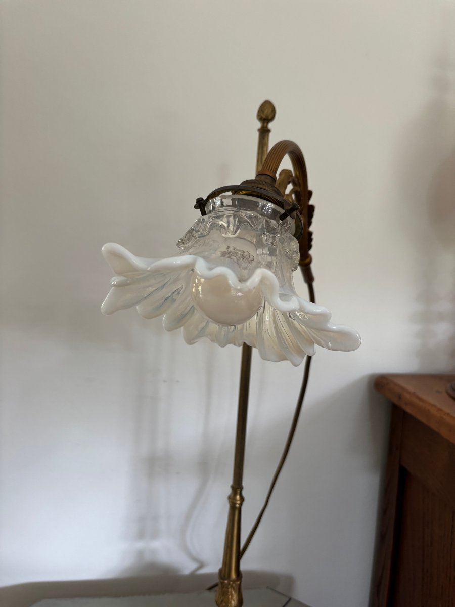 Ancienne lampe de bureau vers 1900 art nouveau bronze  avec sa tulipe-photo-4