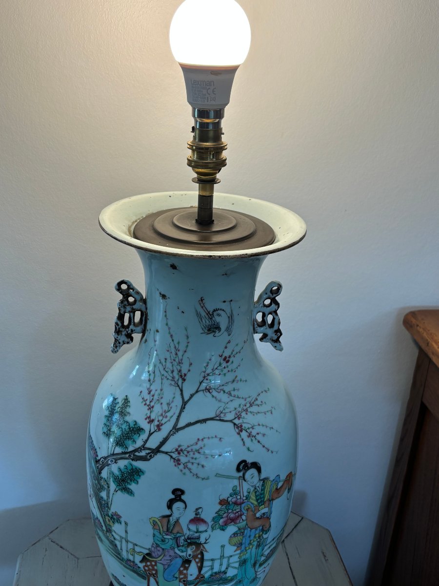 Ancien grand vase polychrome monté en lampe porcelaine de Chine fin du XIX eme siecle -photo-2