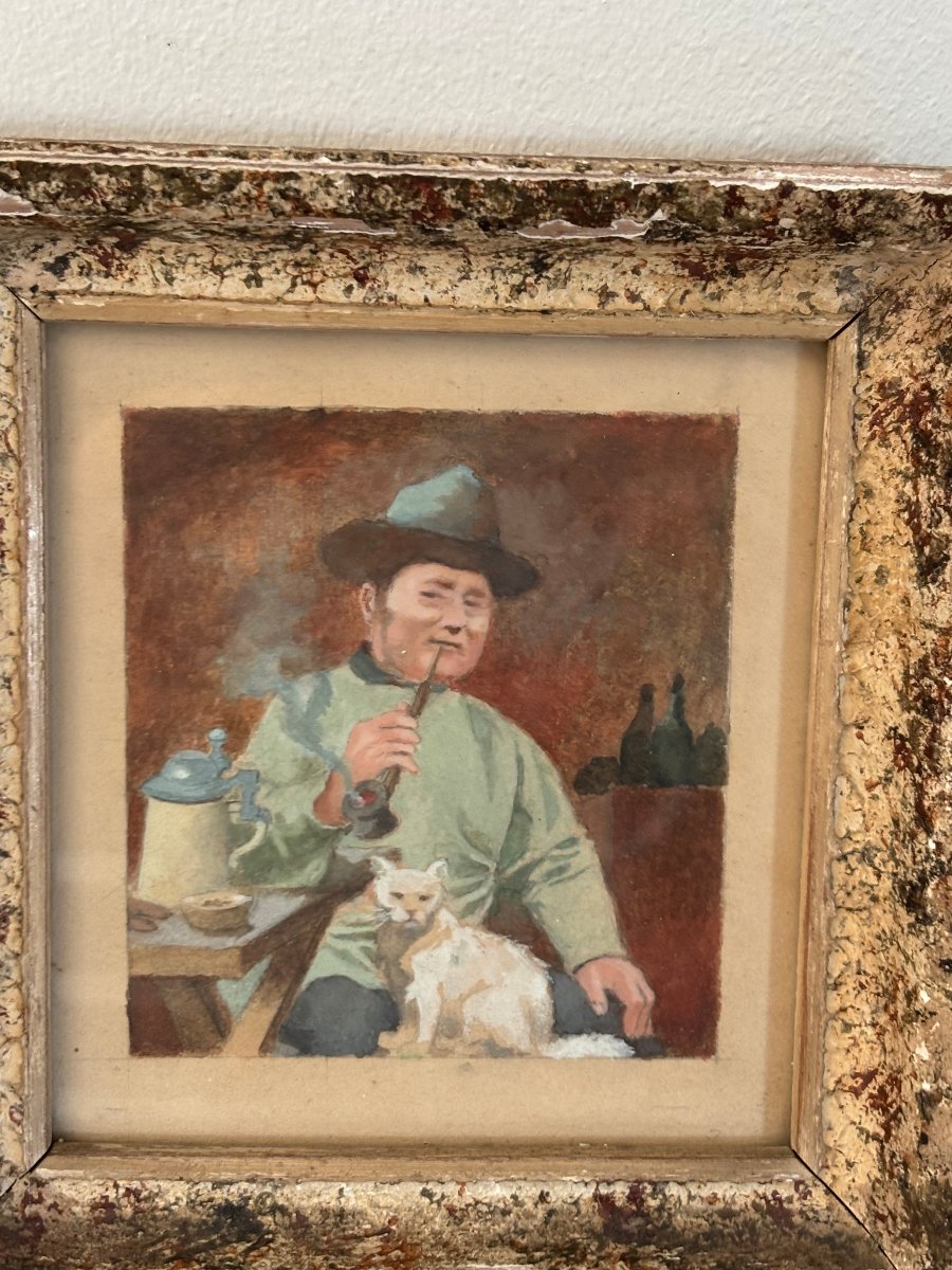 Ancien petit tableau miniature , petite gouache portrait, l'homme et son chat vers 1920-photo-2