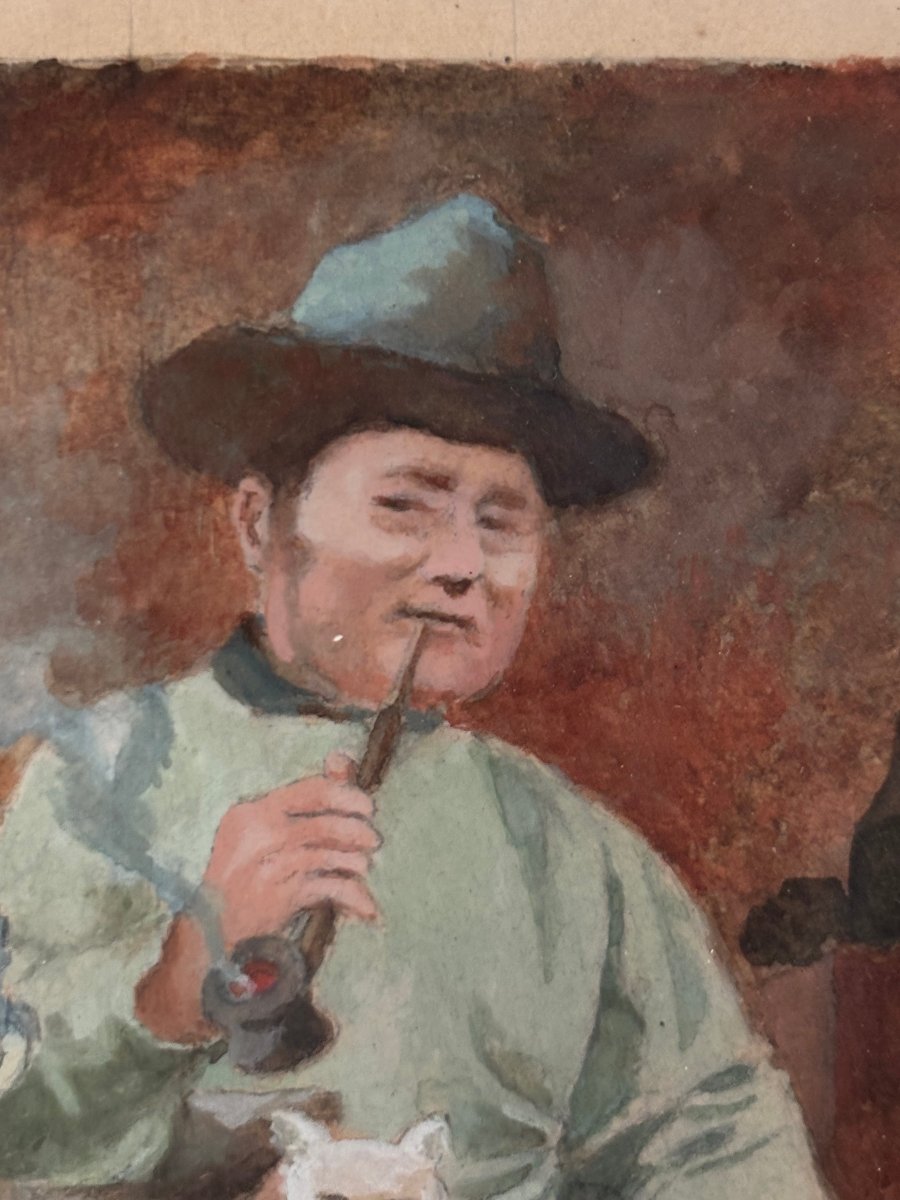 Ancien petit tableau miniature , petite gouache portrait, l'homme et son chat vers 1920-photo-3