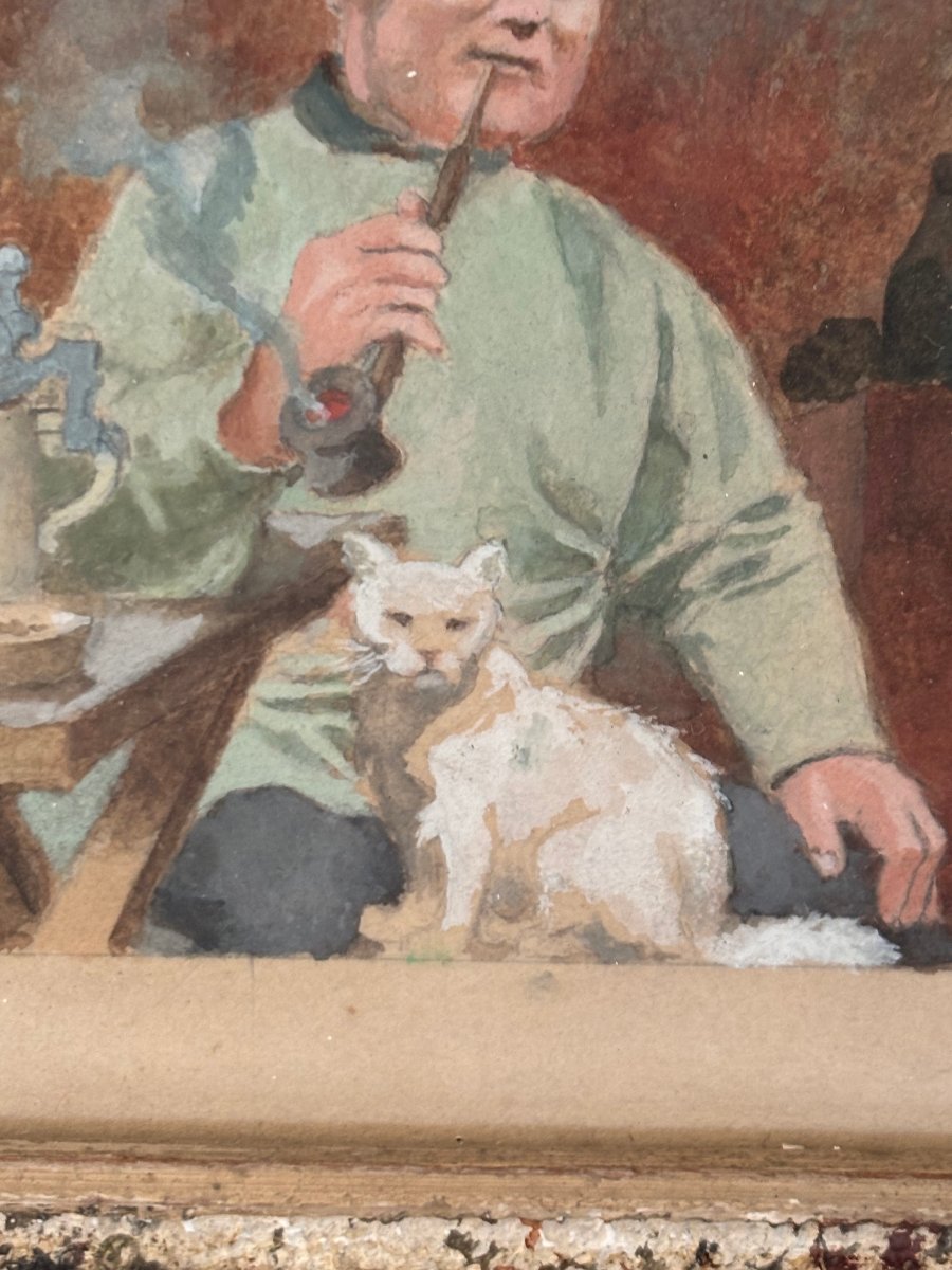 Ancien petit tableau miniature , petite gouache portrait, l'homme et son chat vers 1920-photo-1