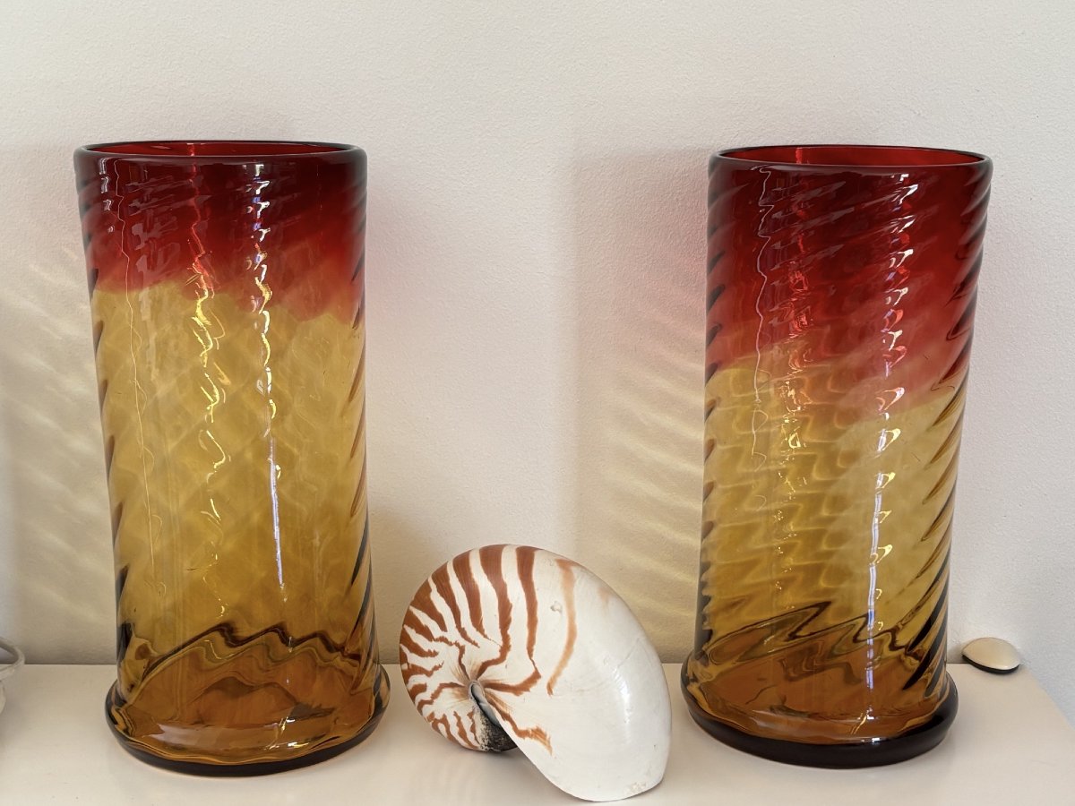 Ancienne paire de vases en cristal  dans le gout de Baccarat bambou XIX eme siecle polychrome-photo-3
