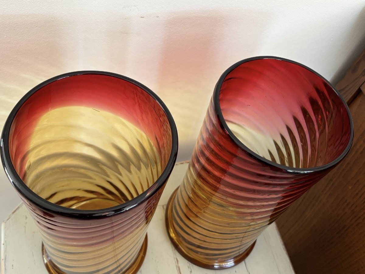 Ancienne paire de vases en cristal  dans le gout de Baccarat bambou XIX eme siecle polychrome-photo-3
