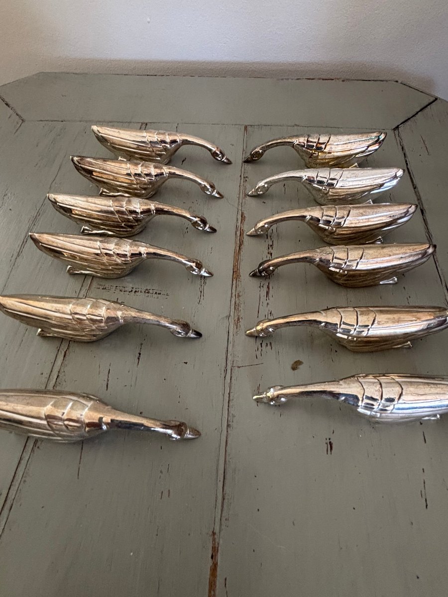 12 Antique Animal-shaped Knife Holders: Geese, Art Deco Period, 20th Century -photo-2