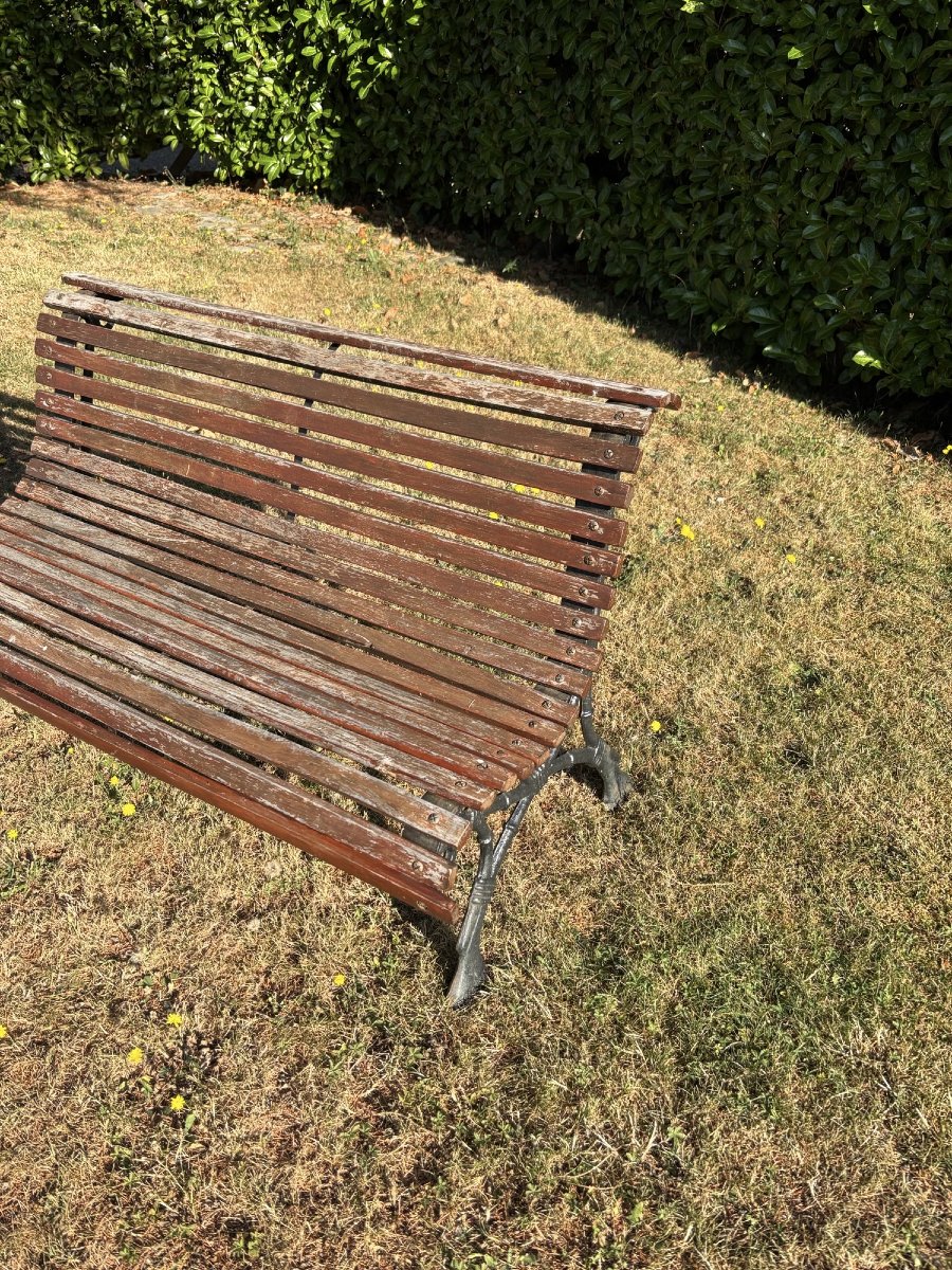 Antique Small Garden Bench With Cast-iron Legs And Wooden Slats, Late 19th Century, Napoleon III Style-photo-3