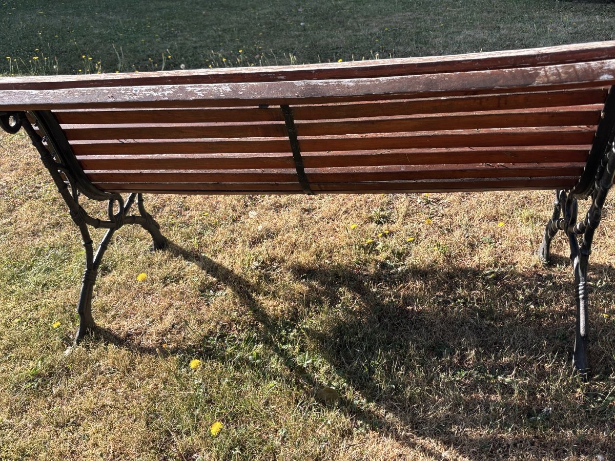 Antique Small Garden Bench With Cast-iron Legs And Wooden Slats, Late 19th Century, Napoleon III Style-photo-4