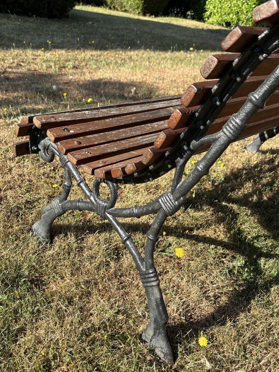 Antique Small Garden Bench With Cast-iron Legs And Wooden Slats, Late 19th Century, Napoleon III Style-photo-2