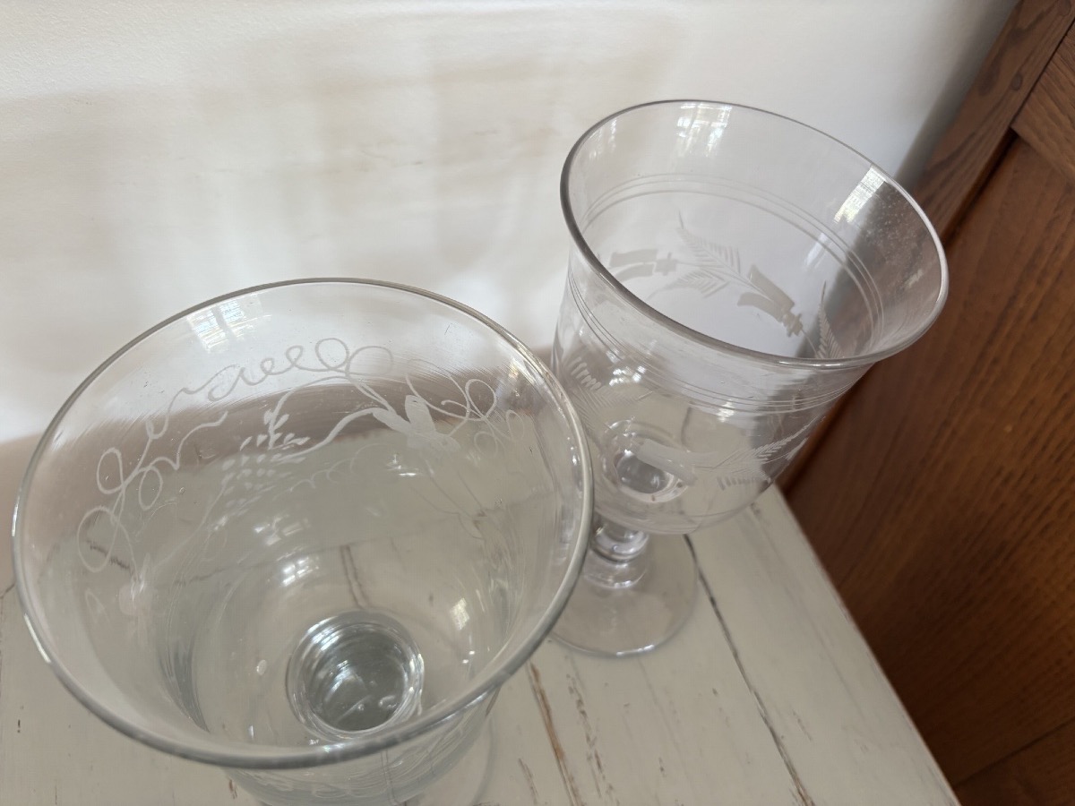 Paire de grands verres normands dits verre de mariage gravé, fin XIX eme siècle art populaire-photo-3
