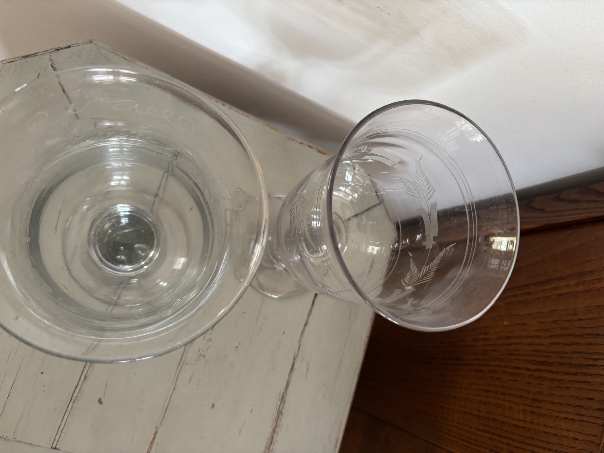 Paire de grands verres normands dits verre de mariage gravé, fin XIX eme siècle art populaire-photo-4