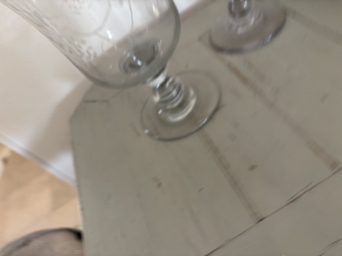 Paire de grands verres normands dits verre de mariage gravé, fin XIX eme siècle art populaire-photo-2