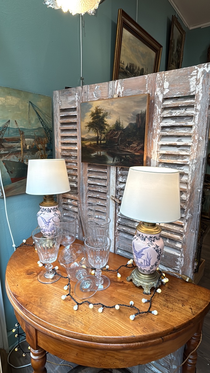 Ancienne paire de lampes en faïence fine terre de fer fin XIX eme siècle décor aux oiseaux-photo-2