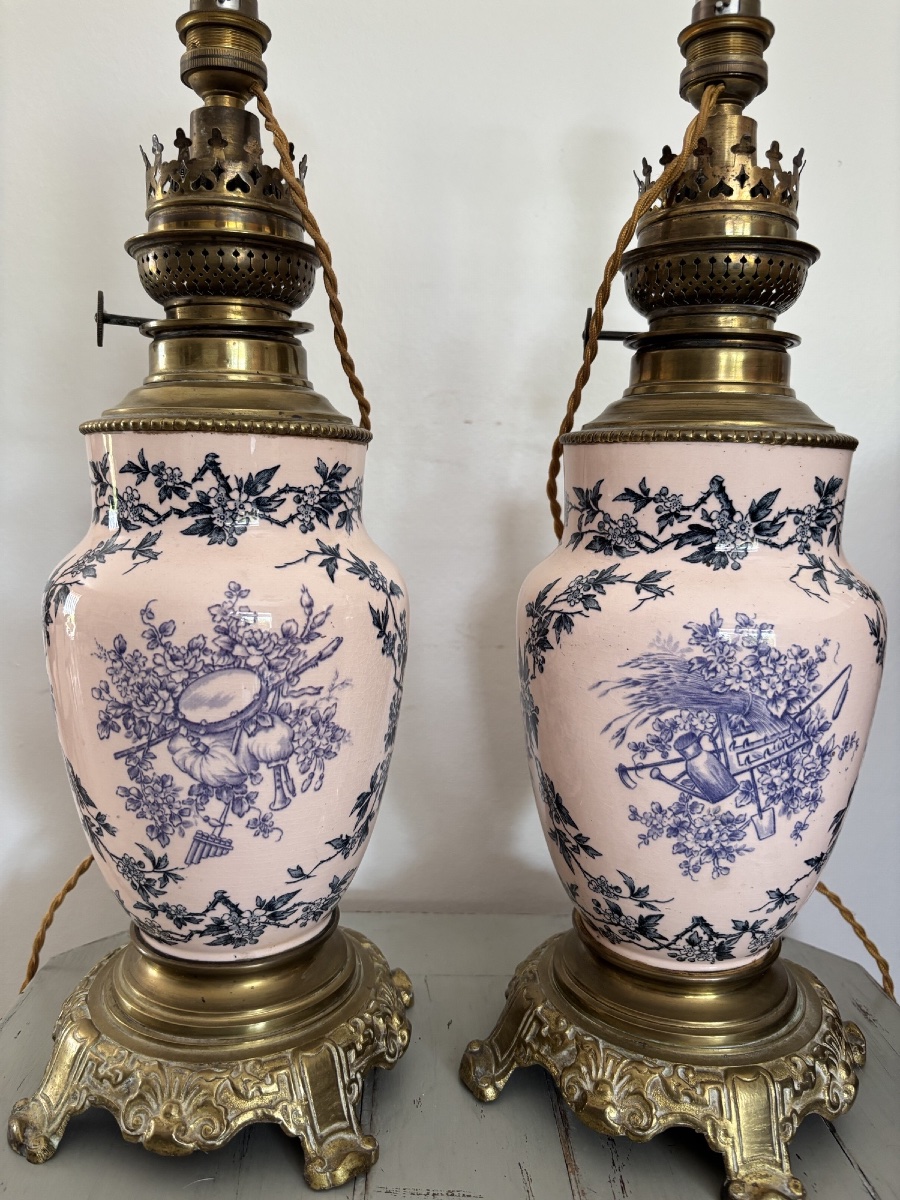 Ancienne paire de lampes en faïence fine terre de fer fin XIX eme siècle décor aux oiseaux-photo-3