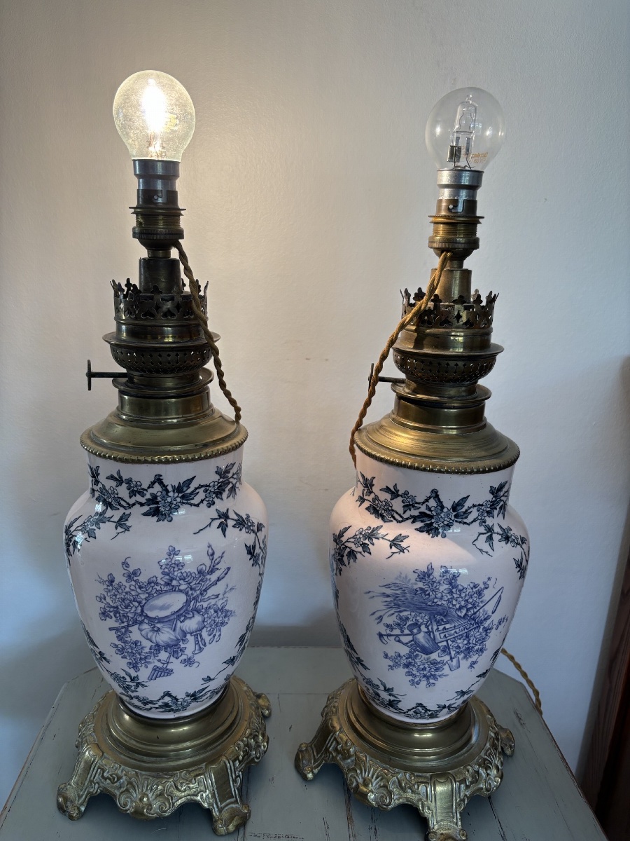 Ancienne paire de lampes en faïence fine terre de fer fin XIX eme siècle décor aux oiseaux-photo-4