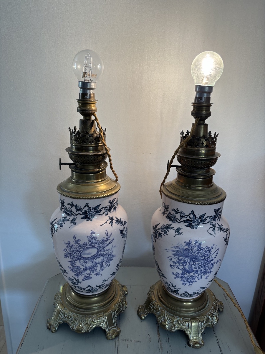 Ancienne paire de lampes en faïence fine terre de fer fin XIX eme siècle décor aux oiseaux-photo-1