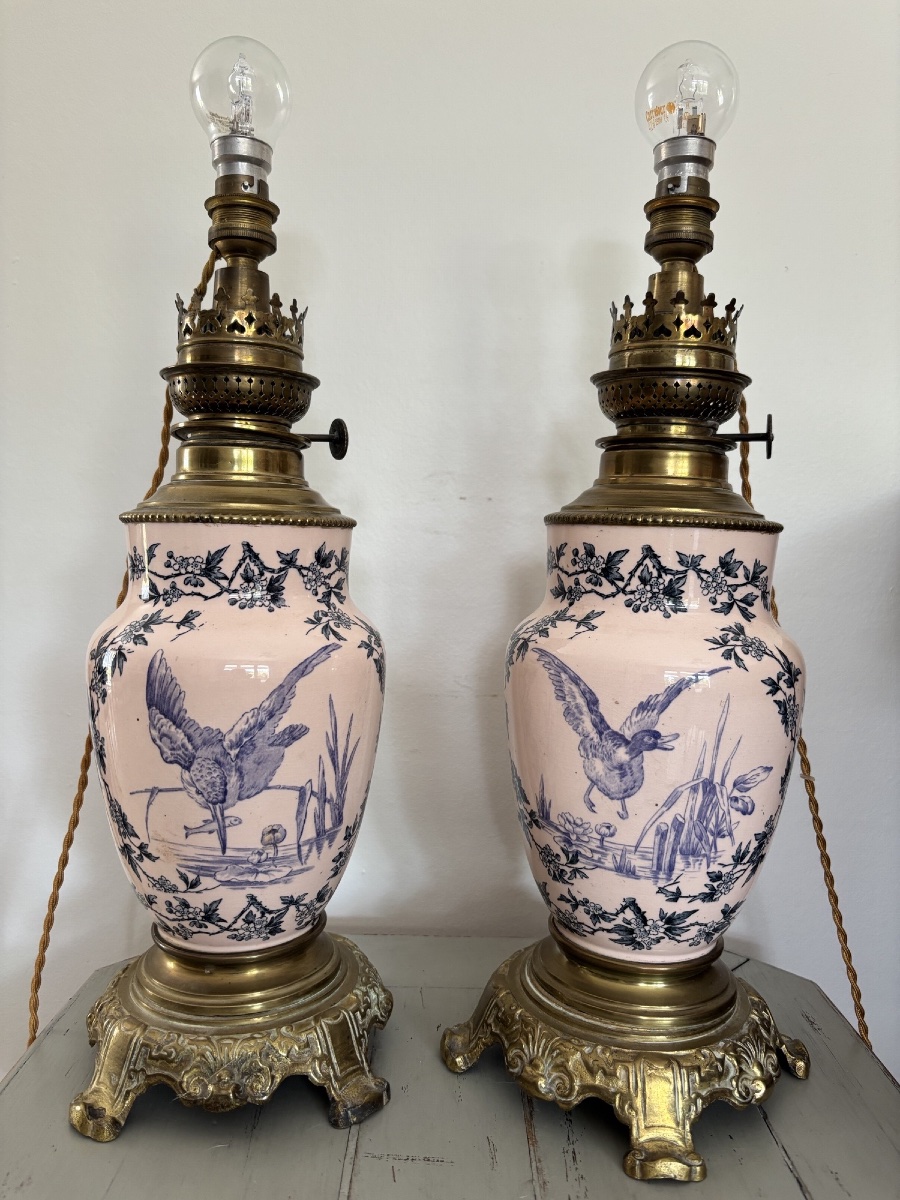 Ancienne paire de lampes en faïence fine terre de fer fin XIX eme siècle décor aux oiseaux-photo-2
