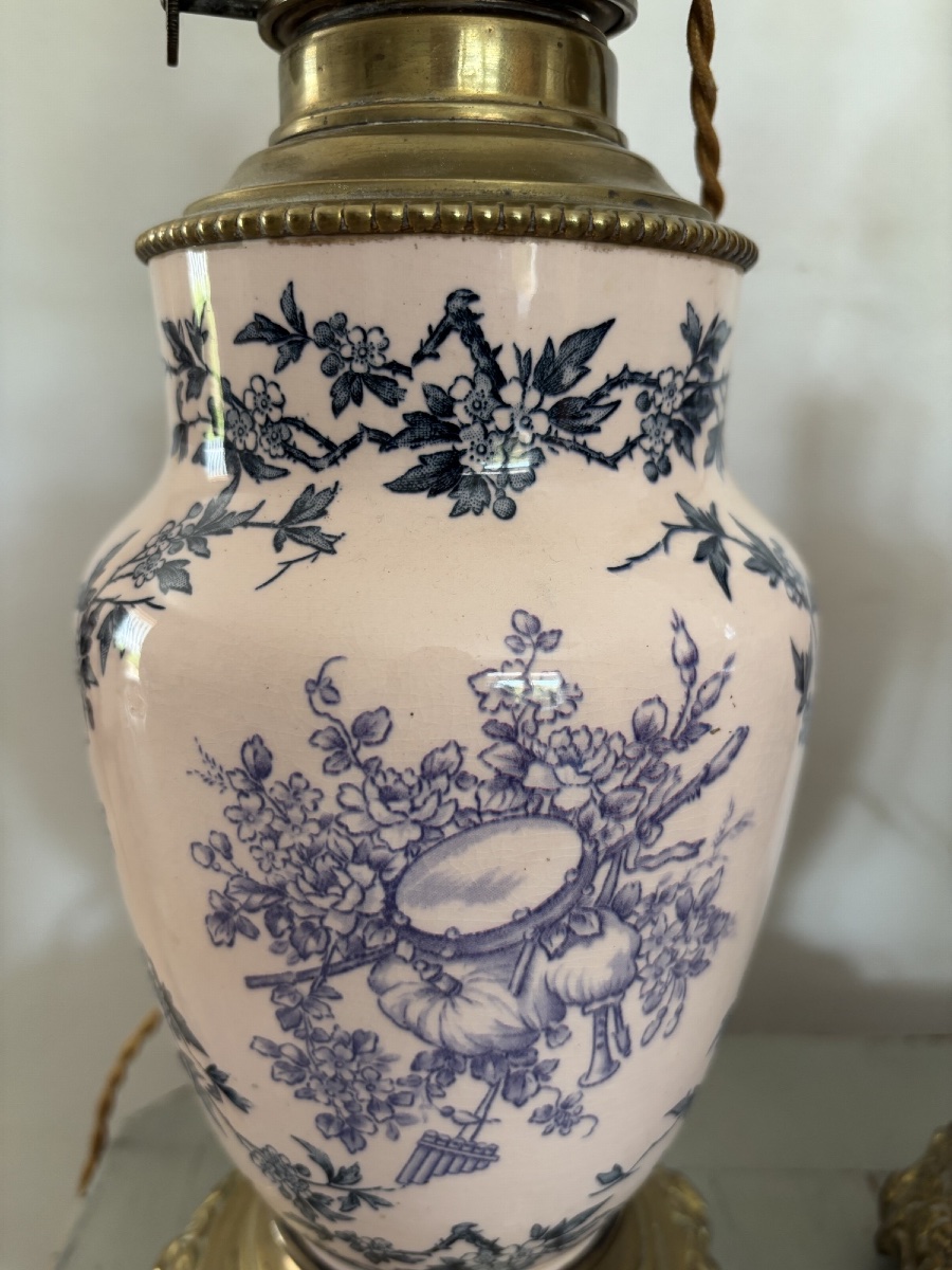 Ancienne paire de lampes en faïence fine terre de fer fin XIX eme siècle décor aux oiseaux-photo-3