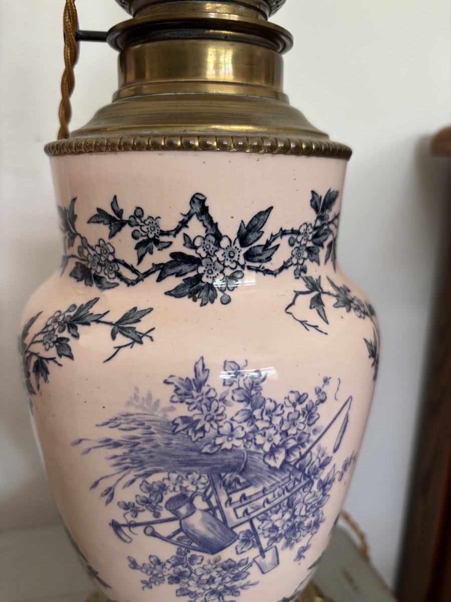 Ancienne paire de lampes en faïence fine terre de fer fin XIX eme siècle décor aux oiseaux-photo-4