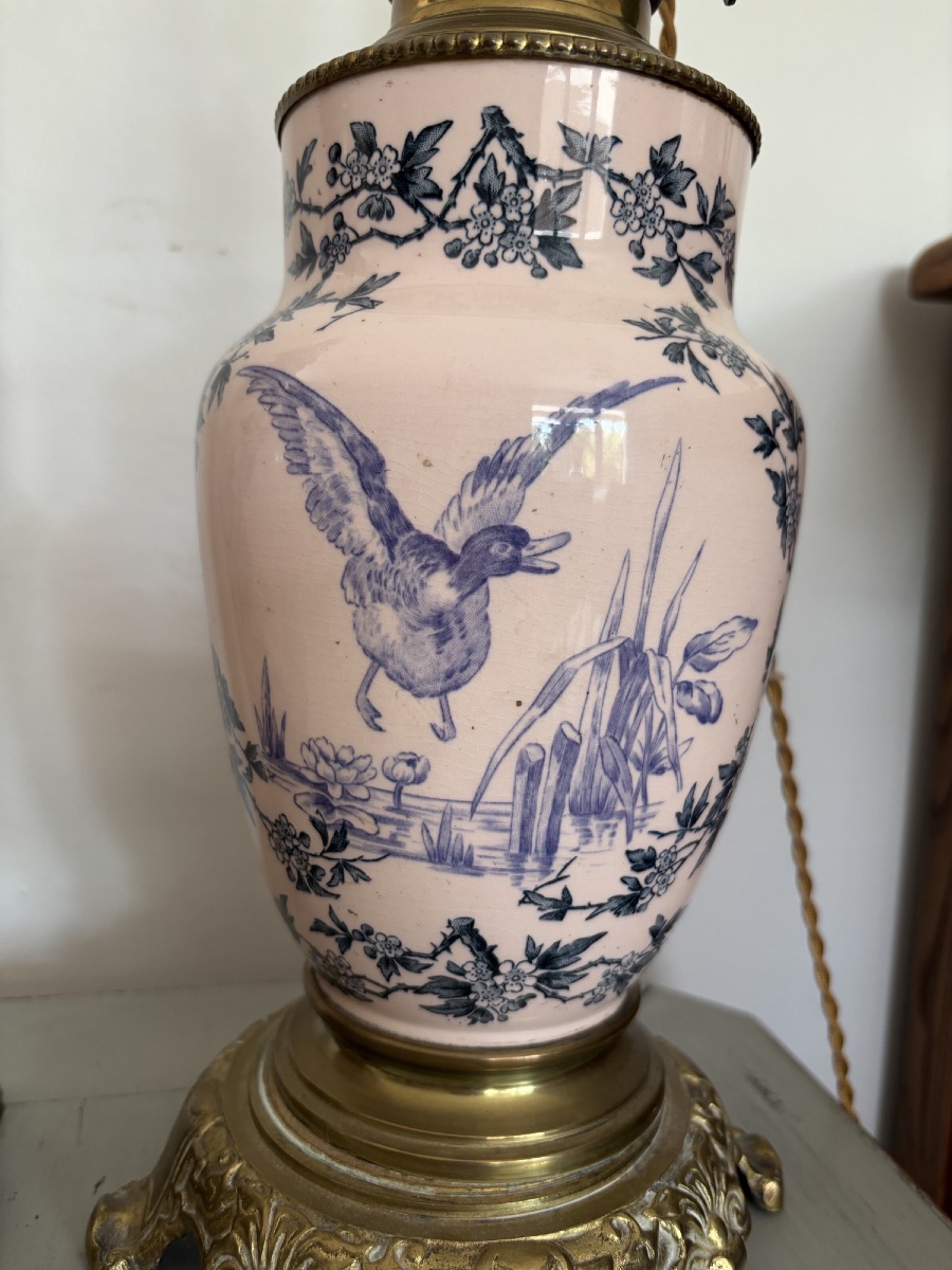 Ancienne paire de lampes en faïence fine terre de fer fin XIX eme siècle décor aux oiseaux-photo-5