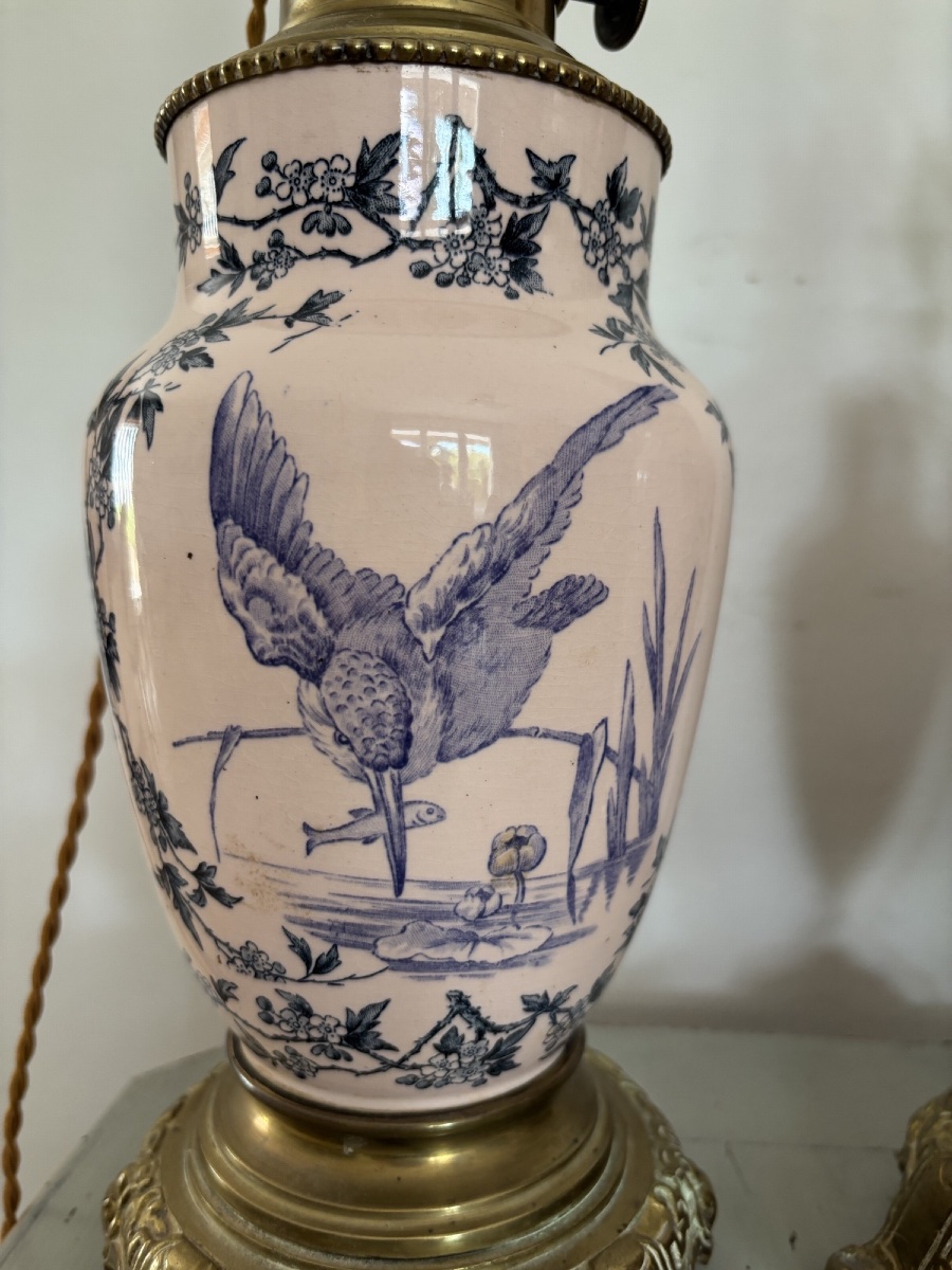 Ancienne paire de lampes en faïence fine terre de fer fin XIX eme siècle décor aux oiseaux-photo-6