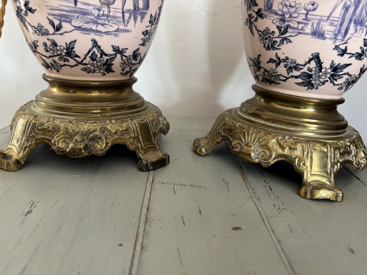 Ancienne paire de lampes en faïence fine terre de fer fin XIX eme siècle décor aux oiseaux-photo-8