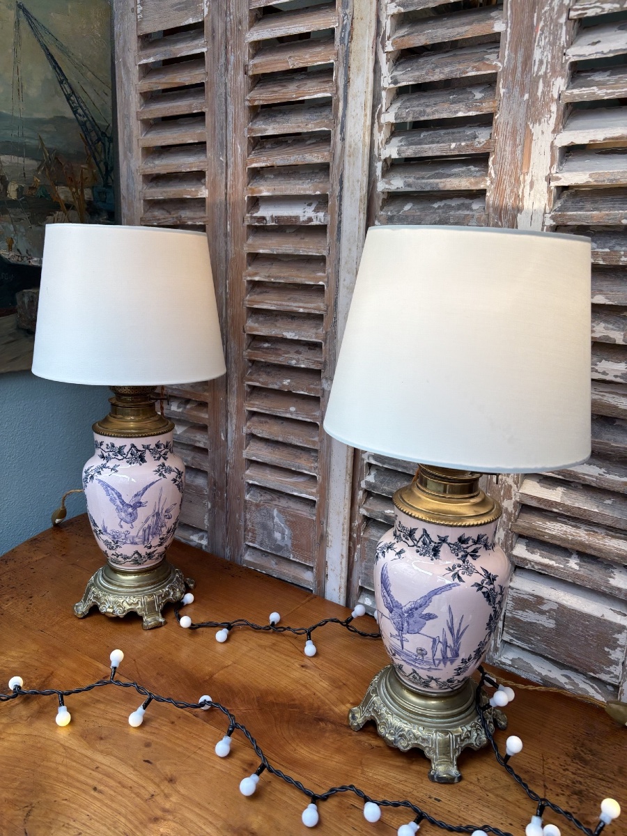 Ancienne paire de lampes en faïence fine terre de fer fin XIX eme siècle décor aux oiseaux
