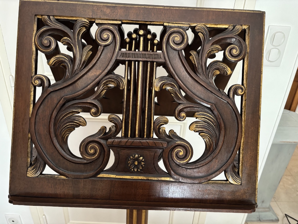 Antique Mahogany Music Stand For Duet Performers From The 19th Century, Featuring Musical Motifs And Gilded Woodwork-photo-2