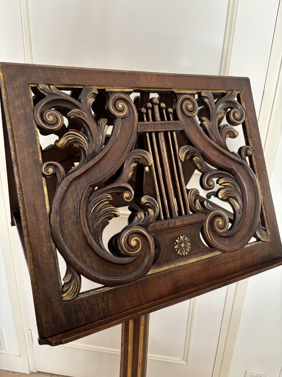 Antique Mahogany Music Stand For Duet Performers From The 19th Century, Featuring Musical Motifs And Gilded Woodwork-photo-3