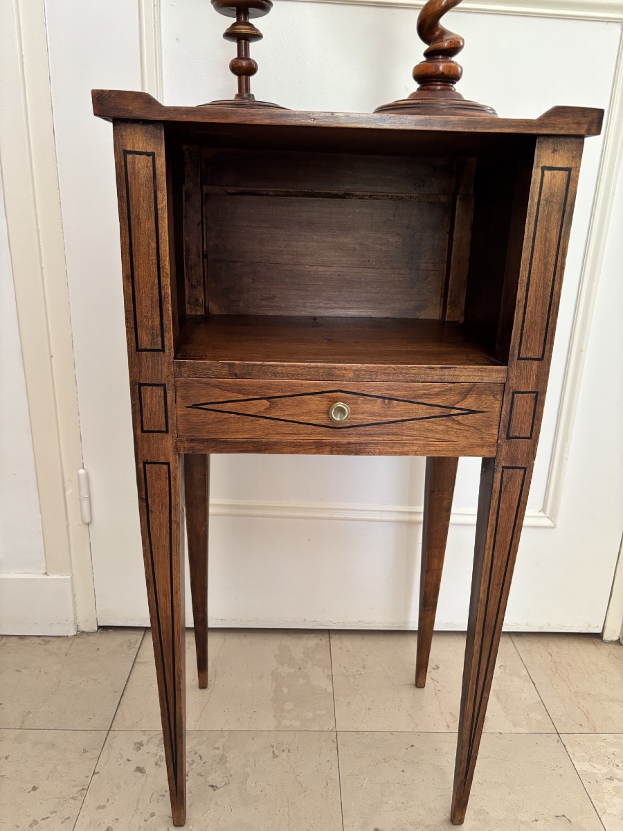 Antique Small Directoire-style Nightstand With Marquetry Trim; A Small Side Table Between The Two -photo-4