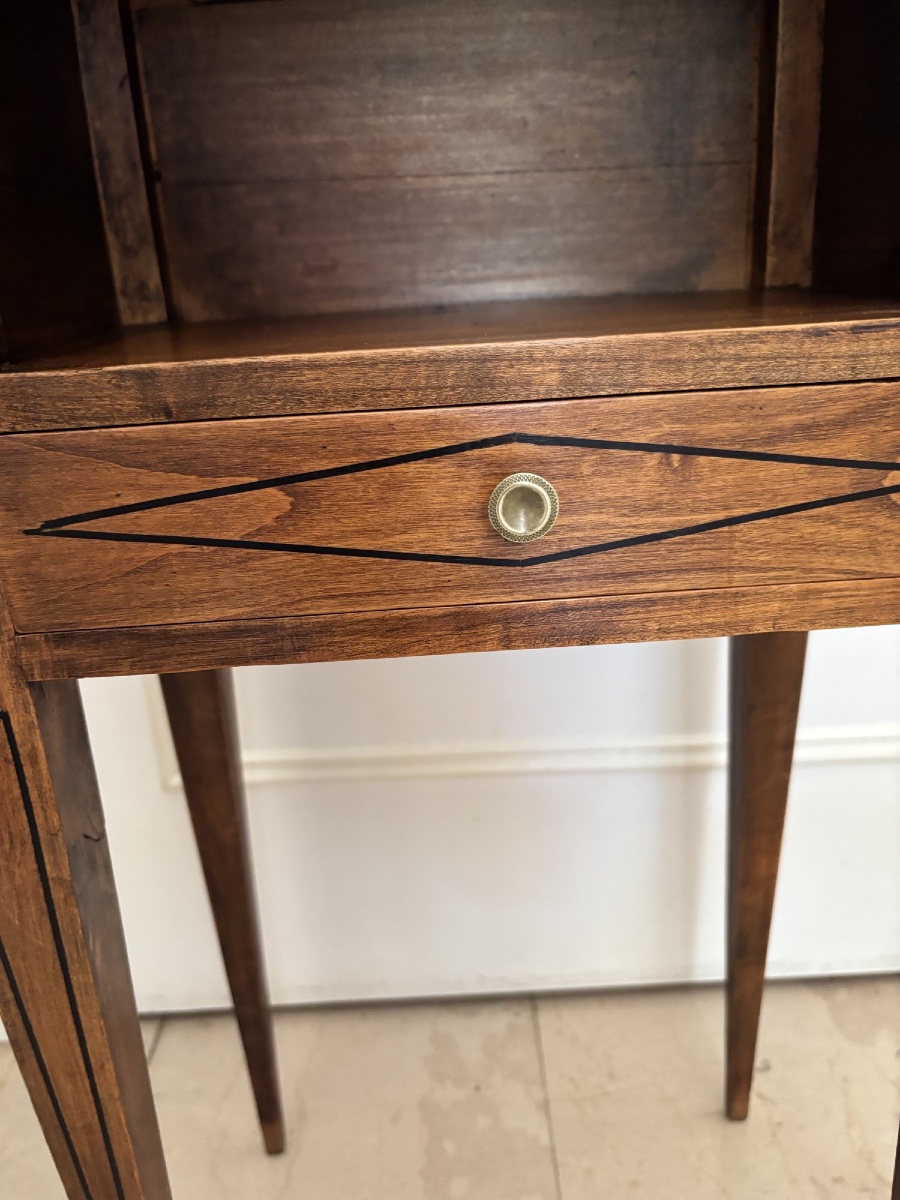 Antique Small Directoire-style Nightstand With Marquetry Trim; A Small Side Table Between The Two -photo-1
