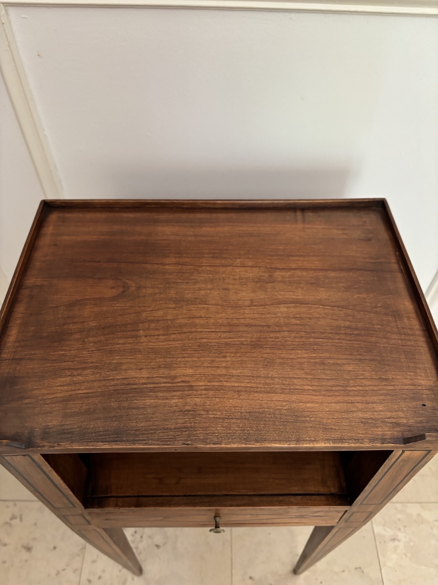 Antique Small Directoire-style Nightstand With Marquetry Trim; A Small Side Table Between The Two -photo-2