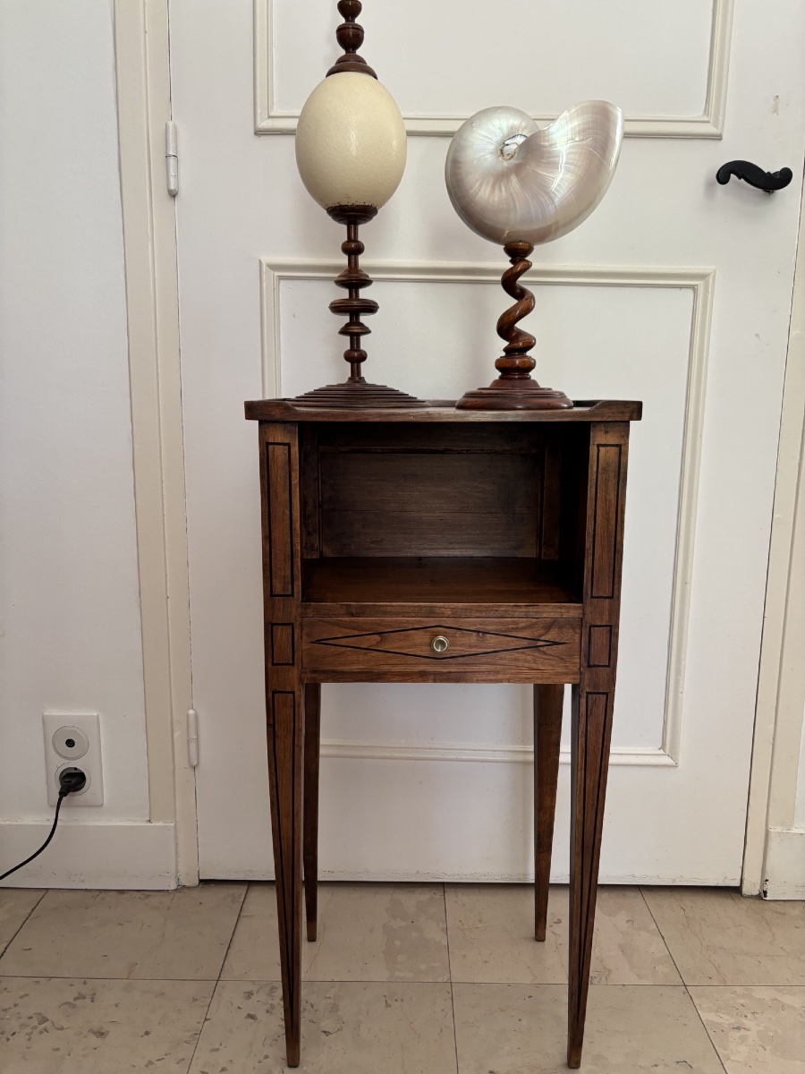 Antique Small Directoire-style Nightstand With Marquetry Trim; A Small Side Table Between The Two 