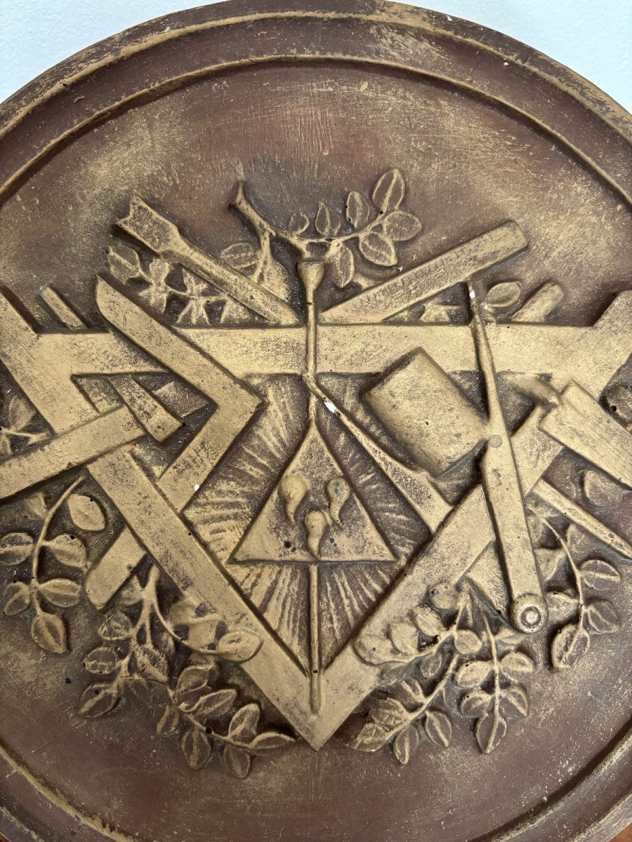 Antique Masonic Medallion In Weathered Plaster, Bas-relief, Circa 1900; Freemasonry -photo-3
