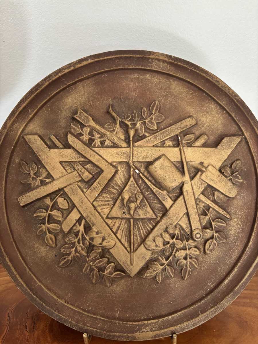 Antique Masonic Medallion In Weathered Plaster, Bas-relief, Circa 1900; Freemasonry -photo-4