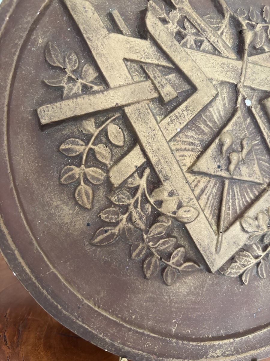 Antique Masonic Medallion In Weathered Plaster, Bas-relief, Circa 1900; Freemasonry -photo-1
