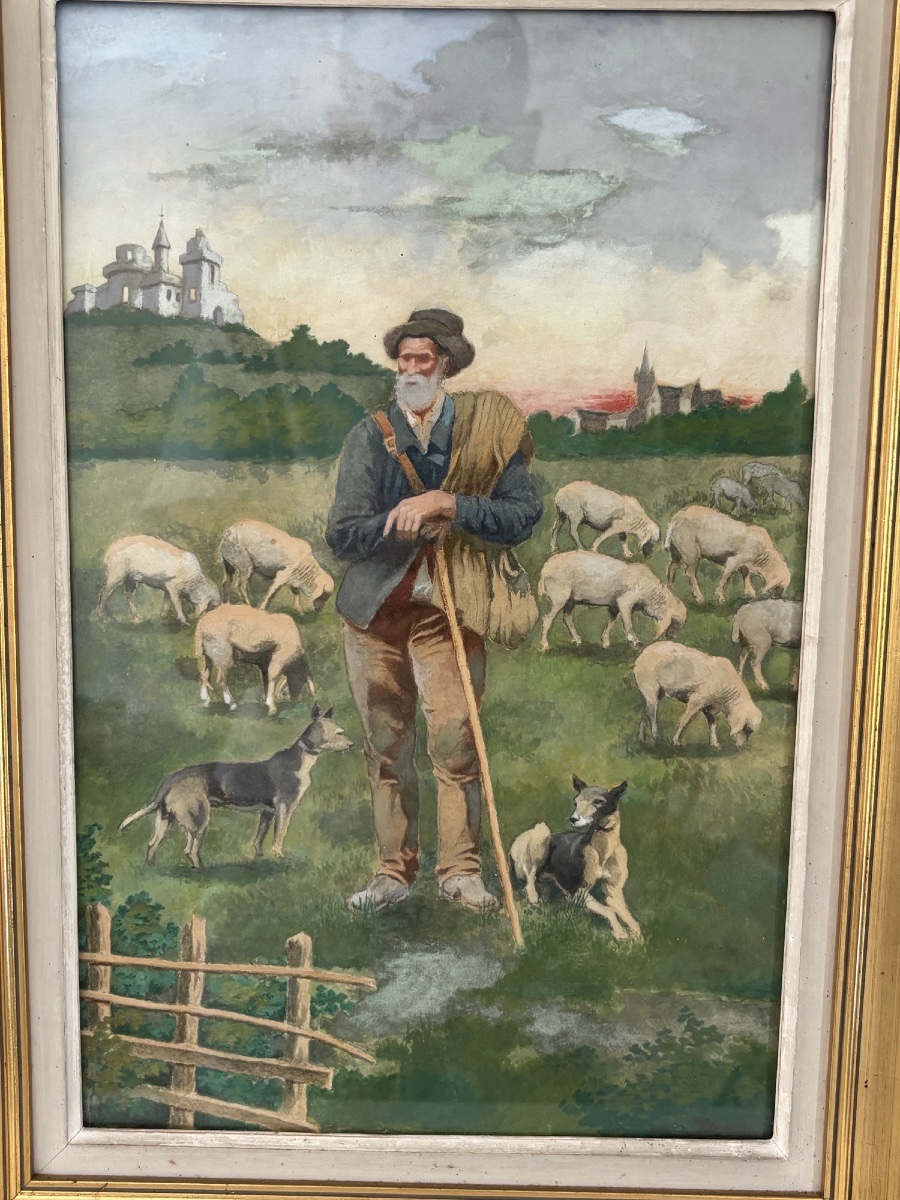 Antique Small Gouache Painting, Pastoral Scene From Around 1900, Sold Framed-photo-2