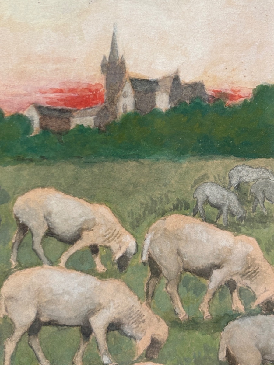 Antique Small Gouache Painting, Pastoral Scene From Around 1900, Sold Framed-photo-4