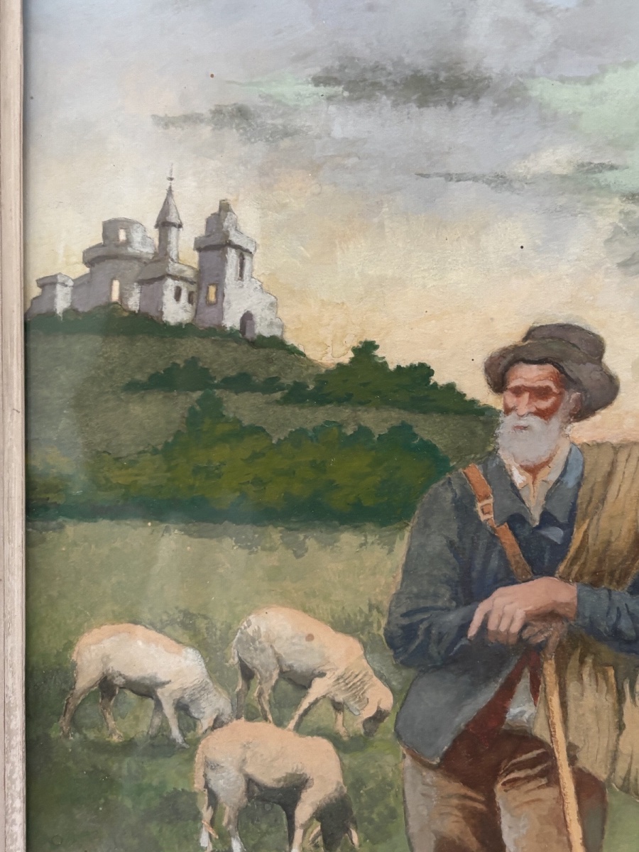 Antique Small Gouache Painting, Pastoral Scene From Around 1900, Sold Framed-photo-1