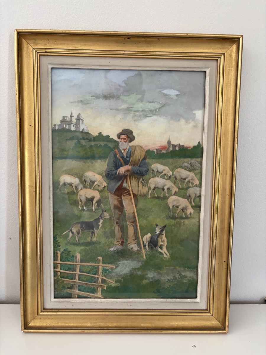 Antique Small Gouache Painting, Pastoral Scene From Around 1900, Sold Framed