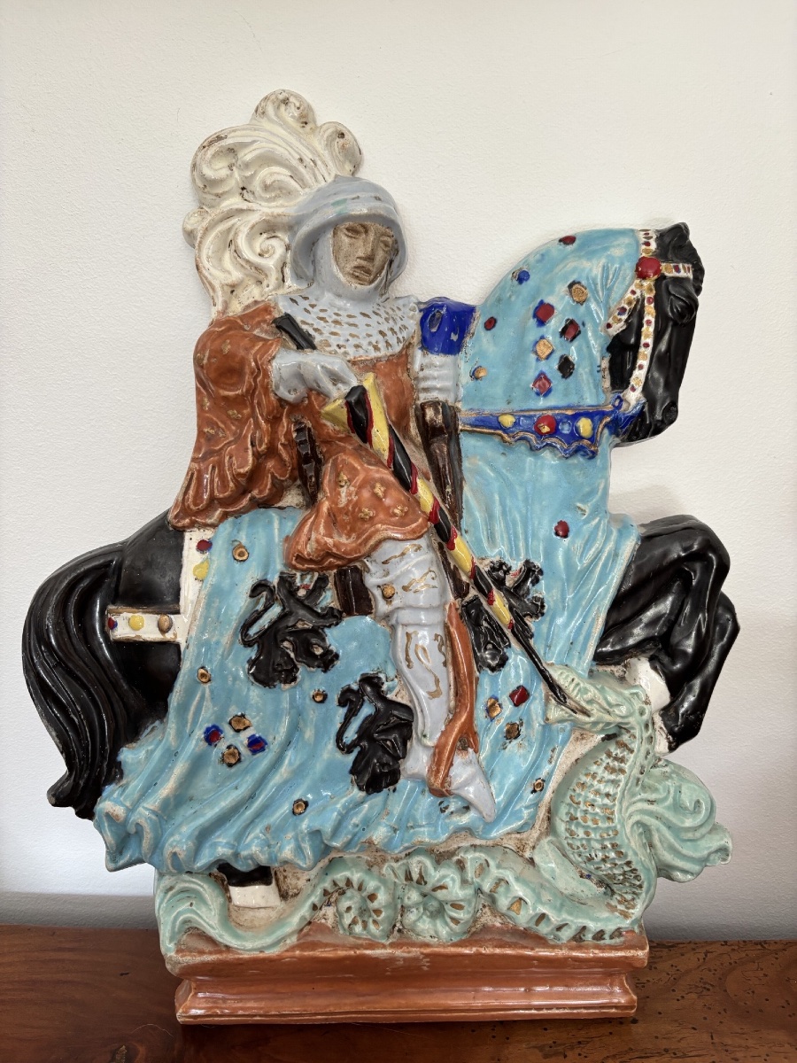 Antique Glazed Terracotta Bas-relief Sculpture, *the Knight*, By Guerin-photo-2