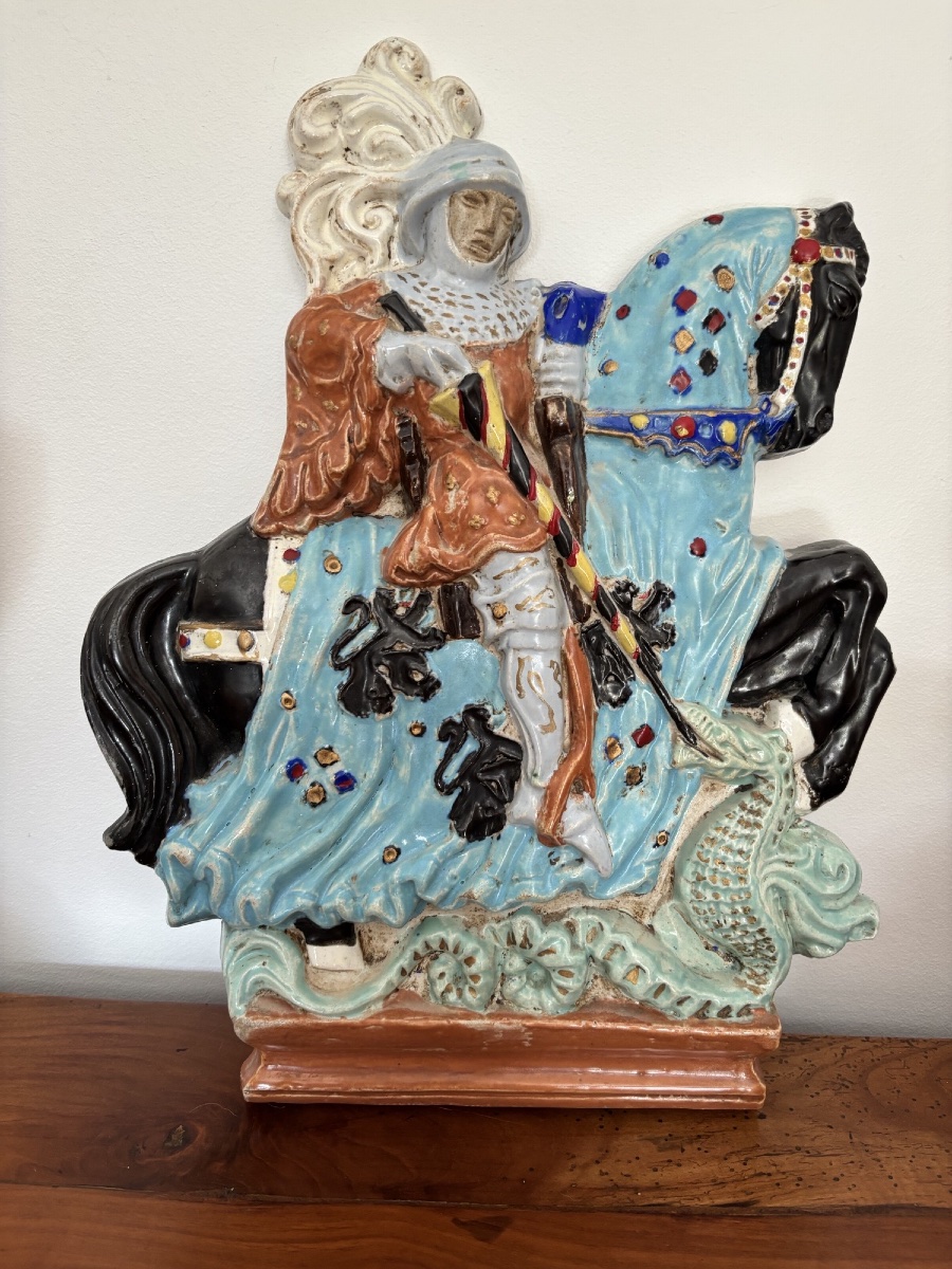 Antique Glazed Terracotta Bas-relief Sculpture, *the Knight*, By Guerin-photo-3