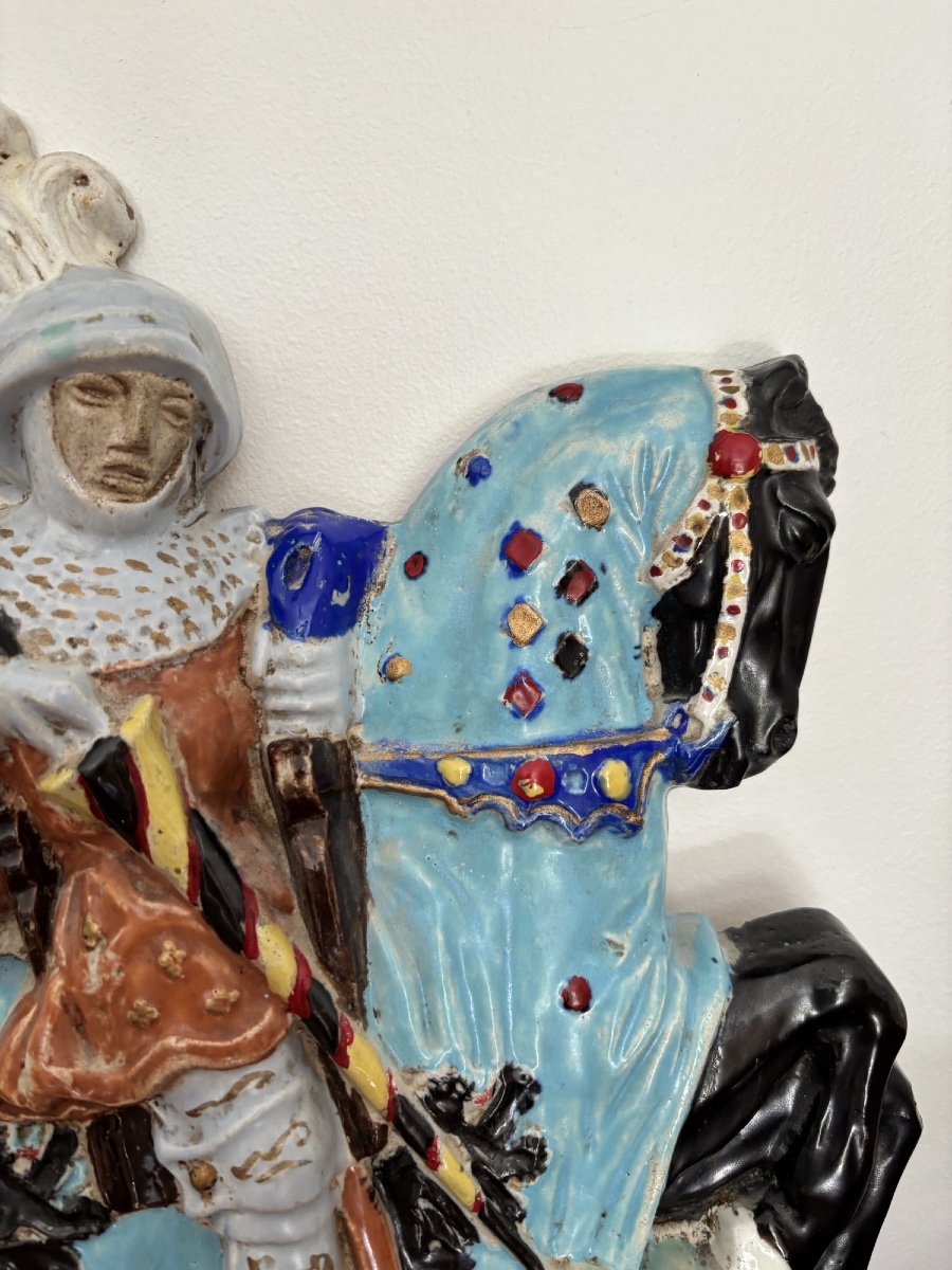 Antique Glazed Terracotta Bas-relief Sculpture, *the Knight*, By Guerin-photo-1