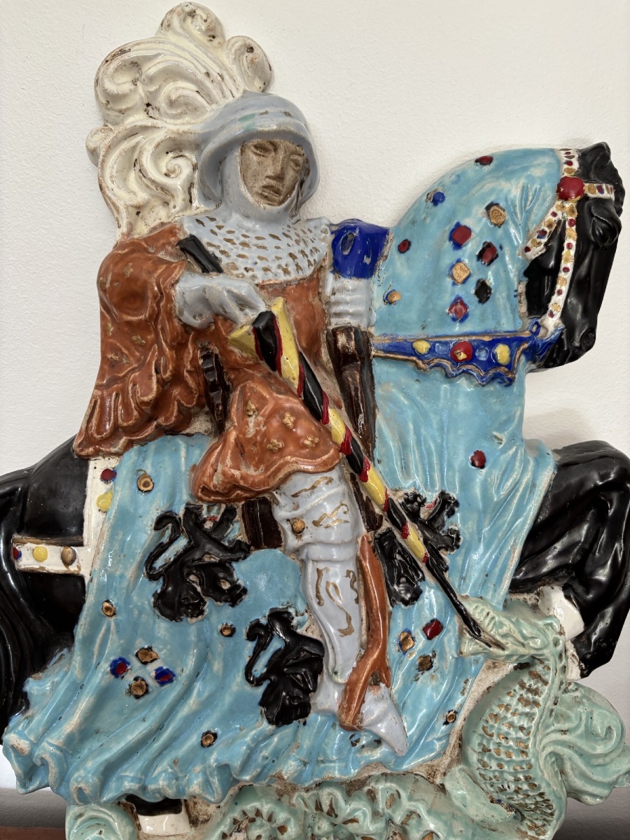 Antique Glazed Terracotta Bas-relief Sculpture, *the Knight*, By Guerin-photo-3
