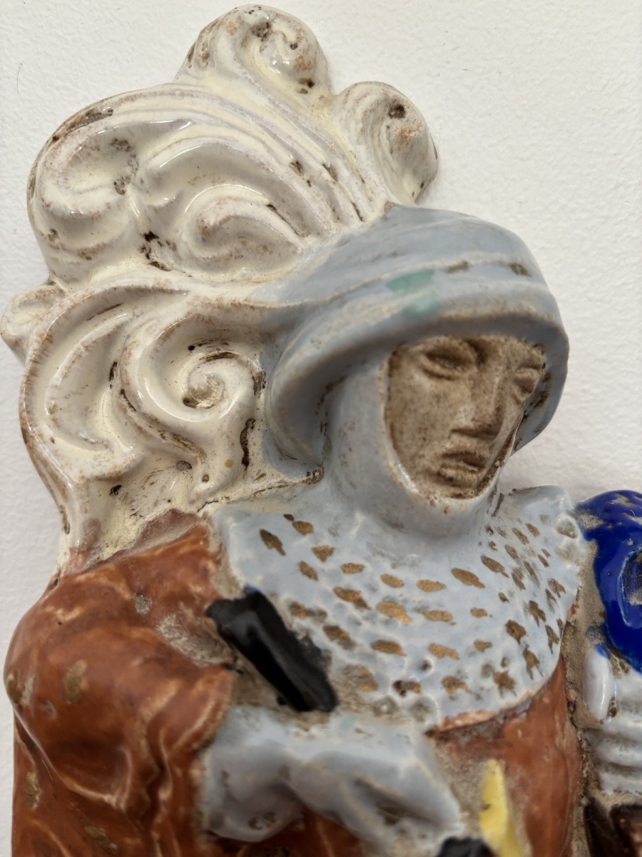 Antique Glazed Terracotta Bas-relief Sculpture, *the Knight*, By Guerin