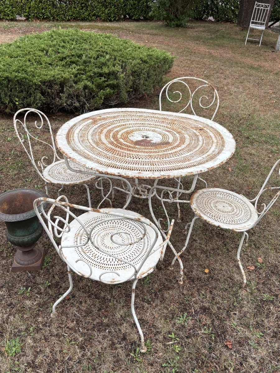 Antique Wrought-iron Garden Set, Circa 1900: 2 Armchairs, 2 Chairs, And A Table, Circa 1900 -photo-2